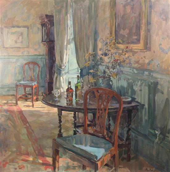 § Susan Ryder (b.1944) Interior with whisky bottle on a gateleg table, 36 x 36in.